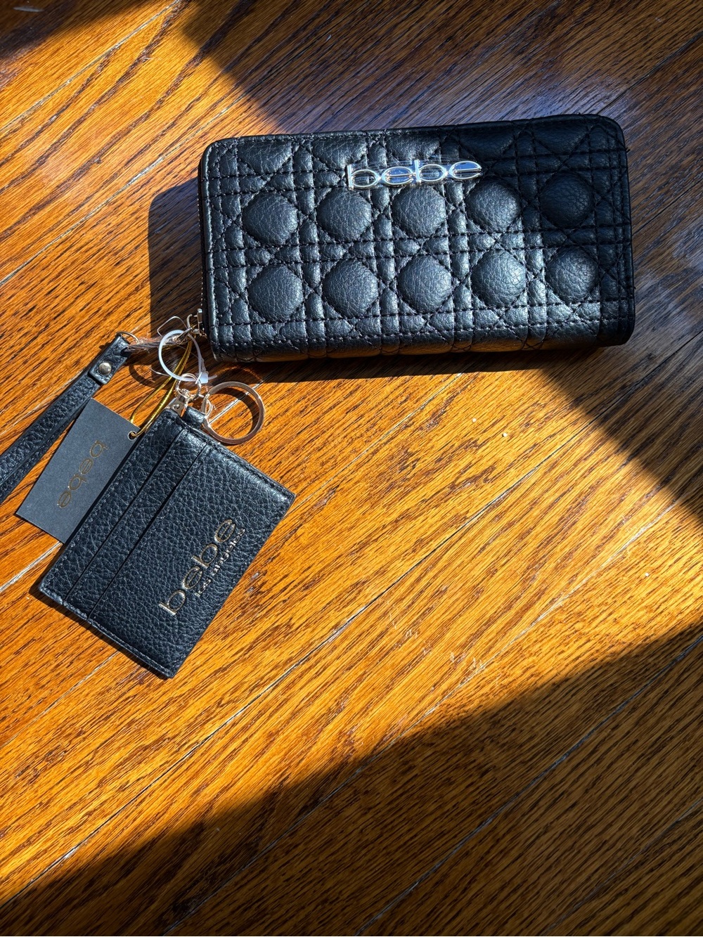 bebe Quilted Black Leather Wallet with Cardholder Keychain